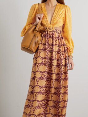 Hannah Artwear long sleeve maxi cut out dress - Size 0, Yellow, 100% SILK